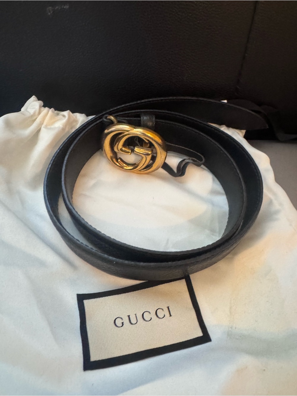 Gucci Black Leather Belt with Gold Interlocking G Buckle